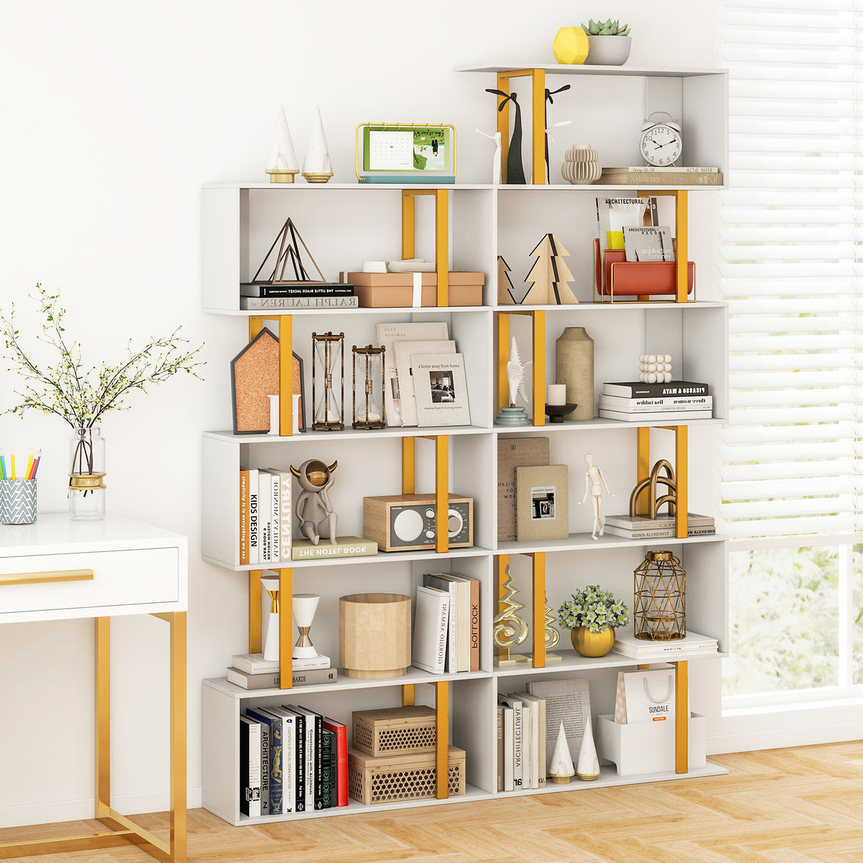 5-Tier/6-Tier Geometric Bookcase with Metal Frame and Anti-tipping Kits-5