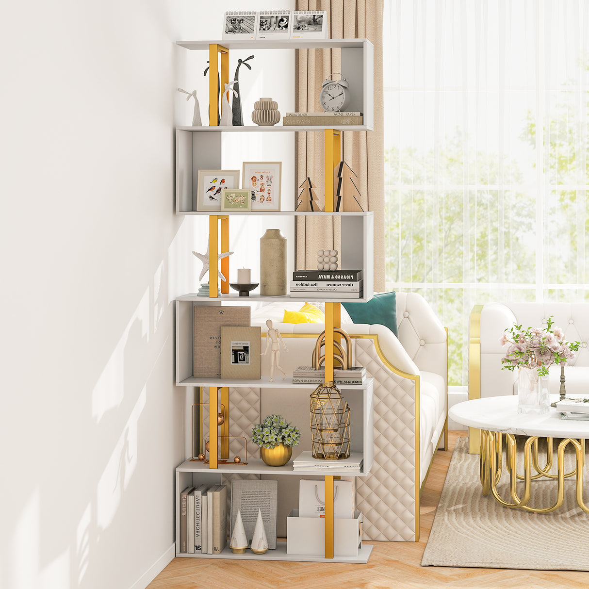 5-Tier/6-Tier Geometric Bookcase with Metal Frame and Anti-tipping Kits-5