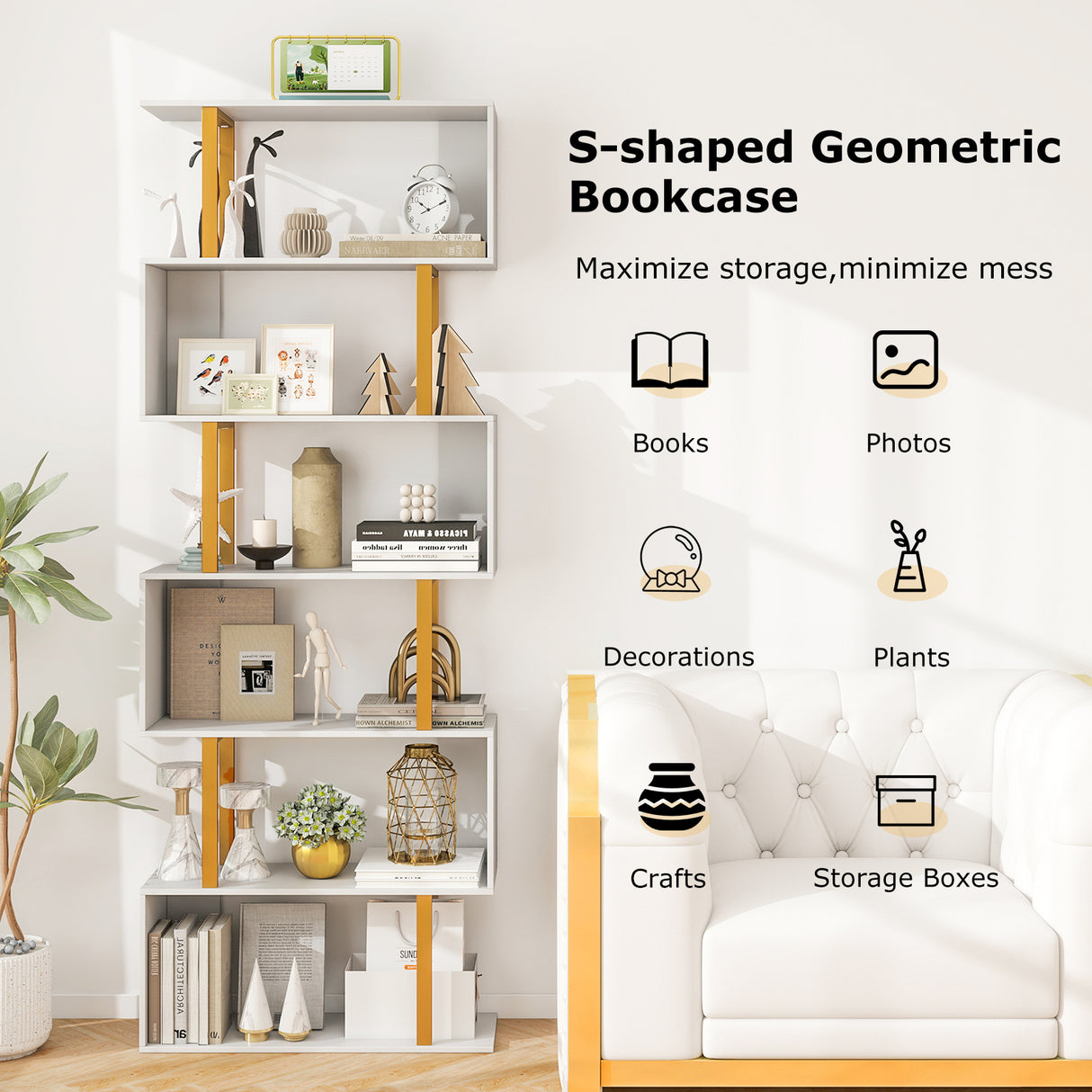 5-Tier/6-Tier Geometric Bookcase with Metal Frame and Anti-tipping Kits-5