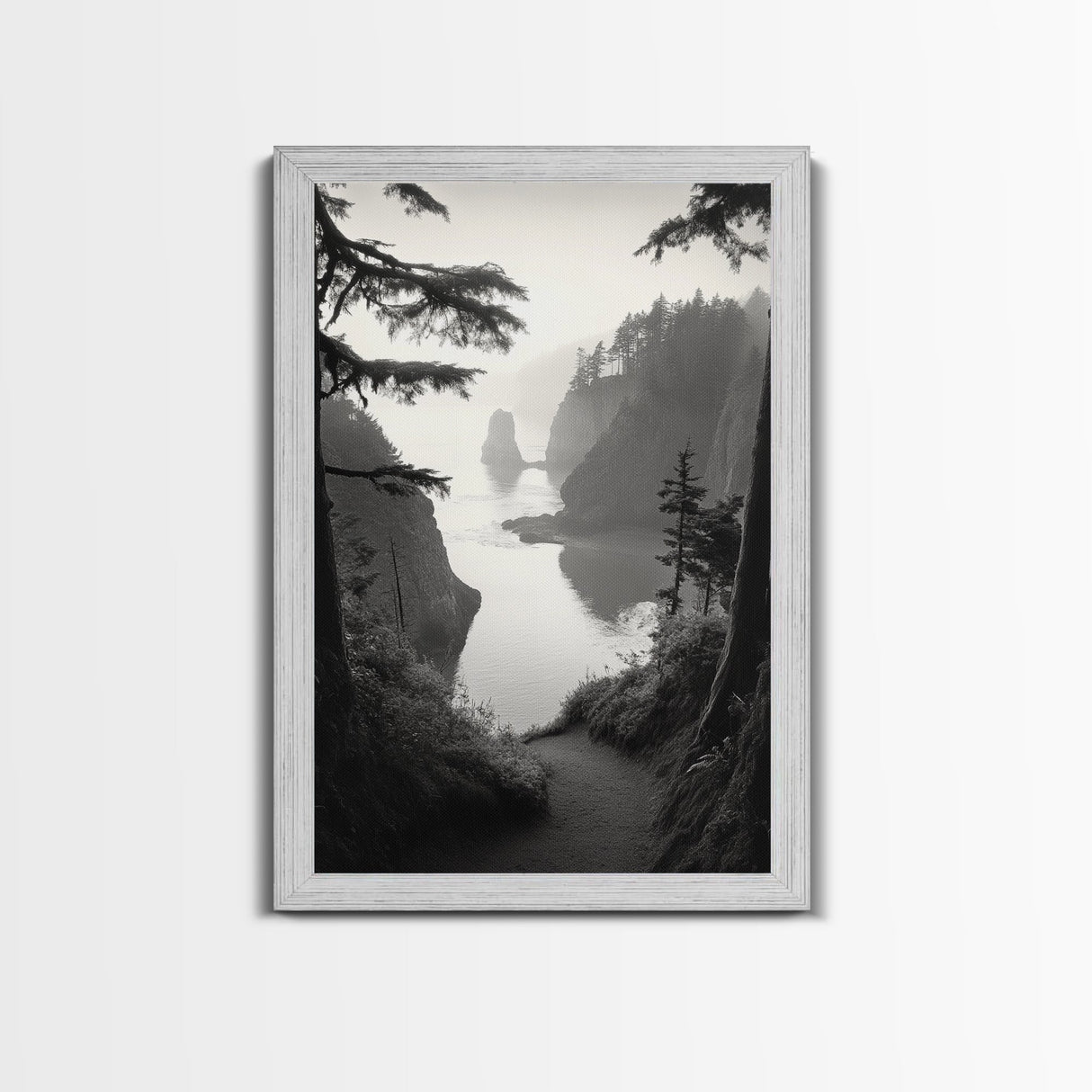 Forest Cliffs, Ocean Pathway, Misty Coast, Woodland Escape, Framed Canvas Print, Cabin Wall Art, Nature Trail Aesthetic, Autumn Mood Art