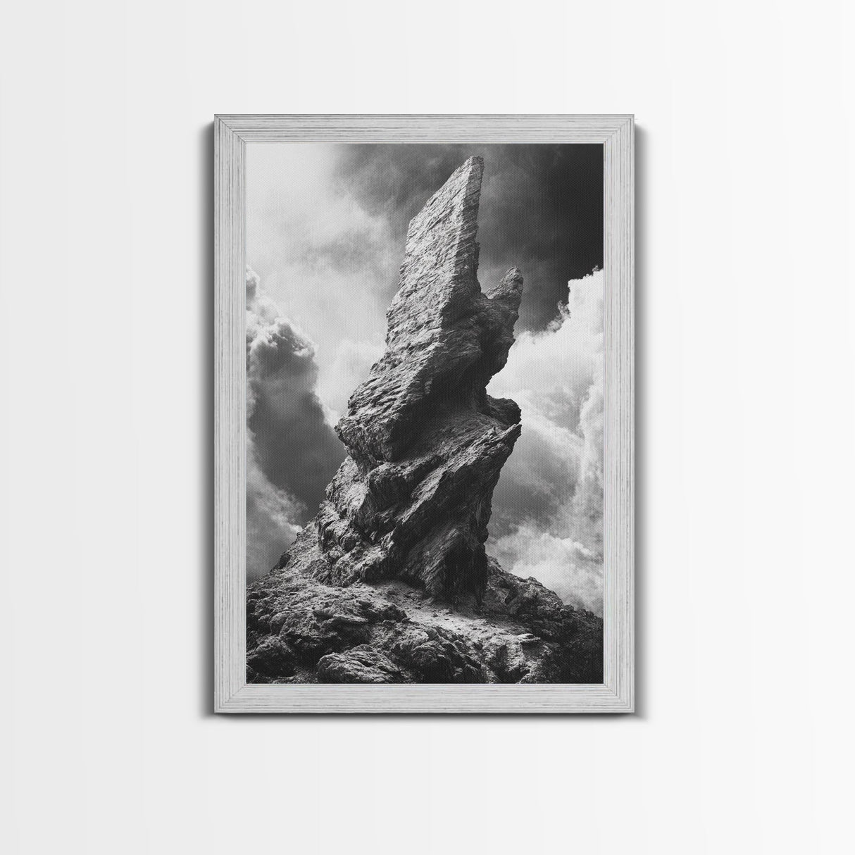 Abstract Rock Tower, Nature Photography, Stormy Sky, Canvas Print, Rustic Decor, Earthy Wall Art, Living Room Art, Moody Landscape Print