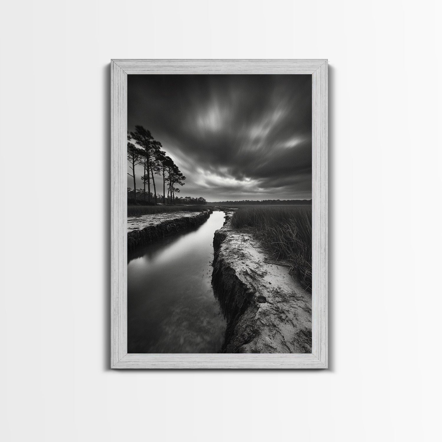 Misty Marsh Path, Moody Landscape, Nature Wall Decor, Living Room Art, Canvas Print, Black and White Photography, Autumn Wall Art