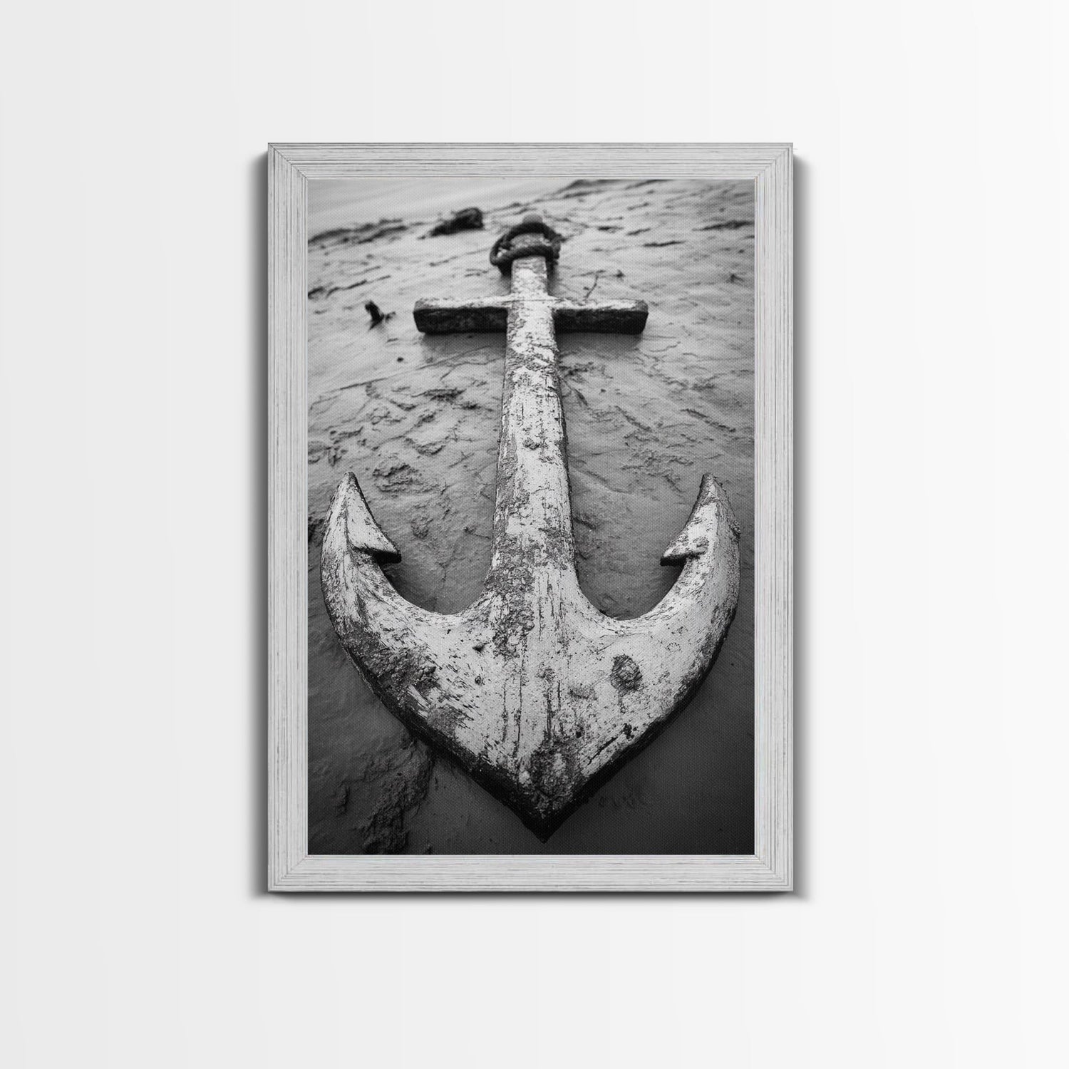 Abandoned Anchor, Nautical Decor, Black White Beach, Framed Canvas Print, Rustic Coastal Wall Art, Entryway Nautical Accent