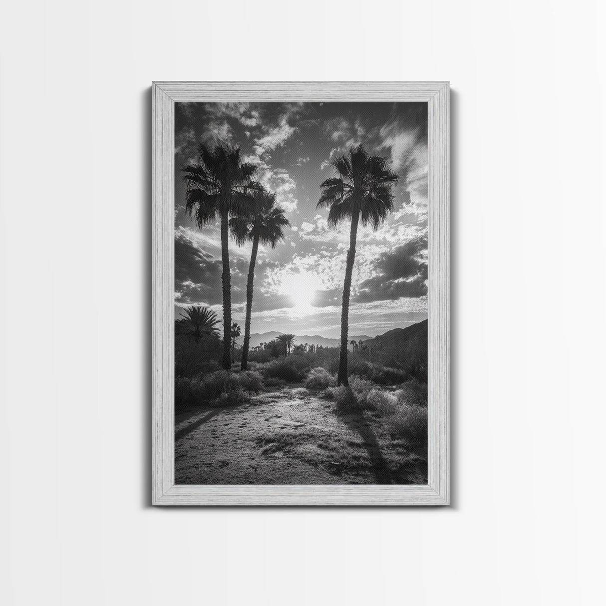 Palm Sunset, Desert Light, Silhouetted Trees, Framed Canvas Print, Tropical Boho Wall Art, Sunset Living Room Decor, Moody Nature Style