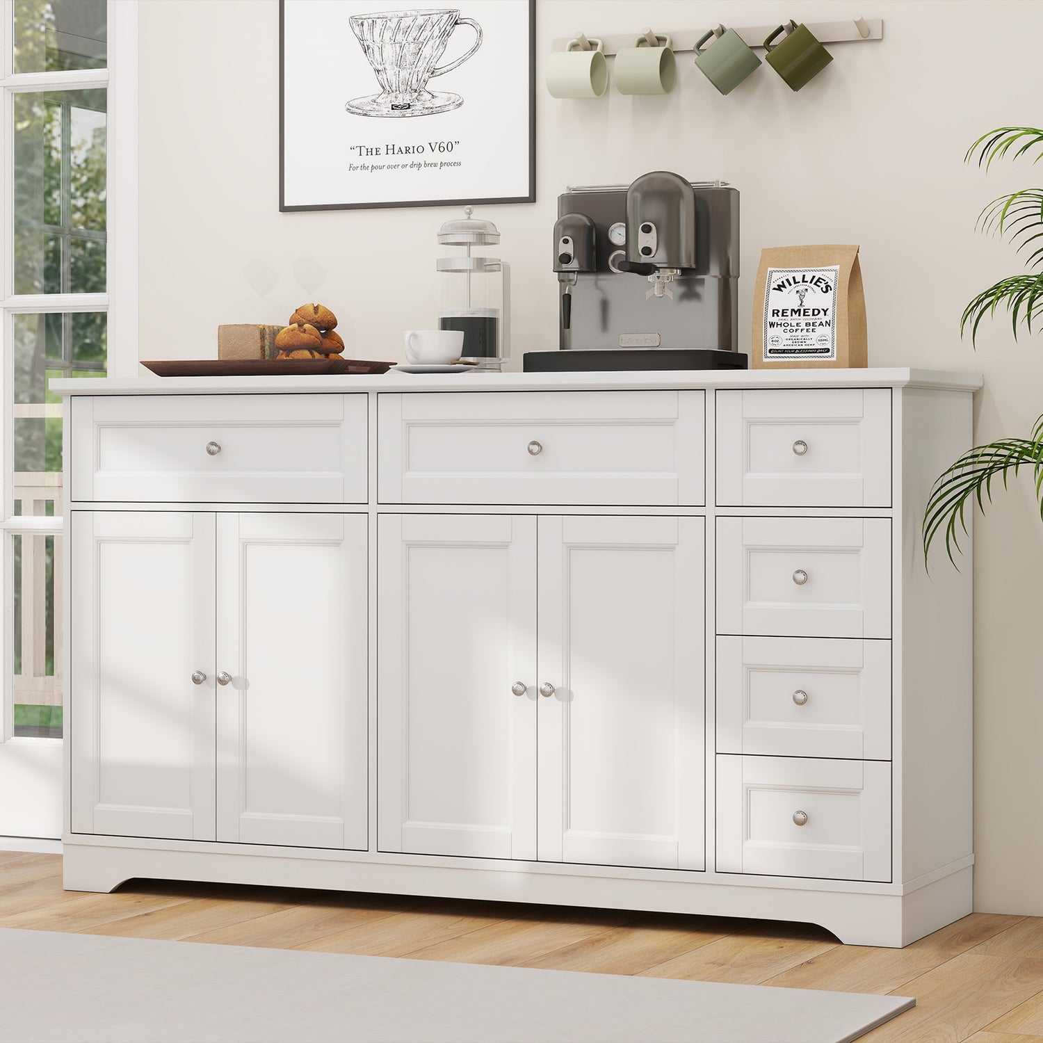 Buffet Sideboard 59" Modern Coffee Bar Station Console Table-White