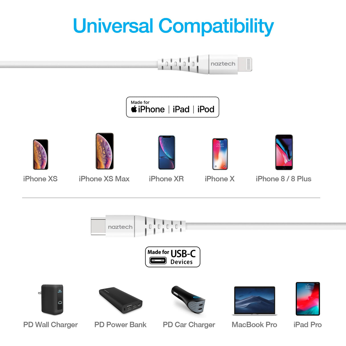 Naztech PD MFI Lightning to USB-C Cable 6ft White