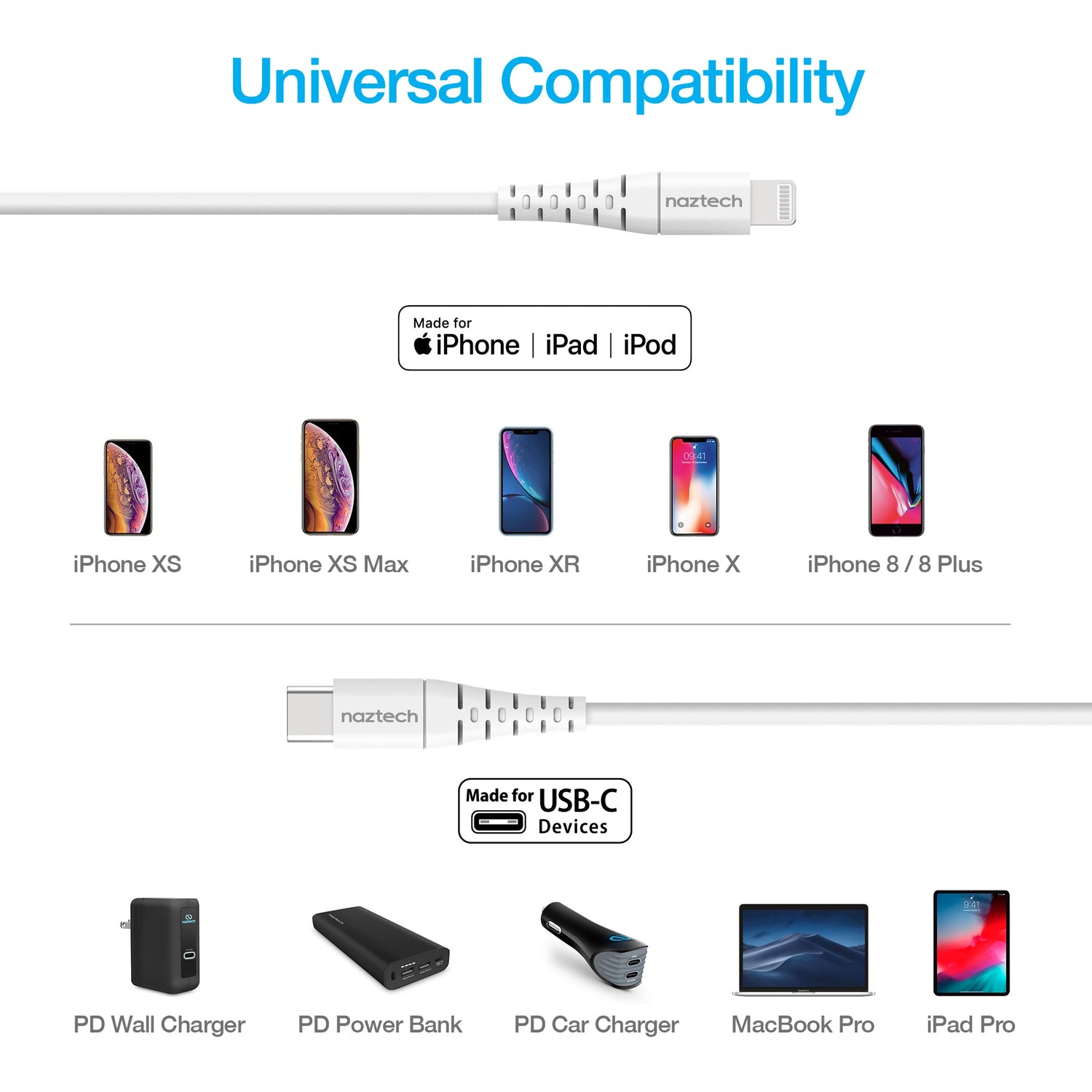 Naztech PD MFI Lightning to USB-C Cable 6ft White
