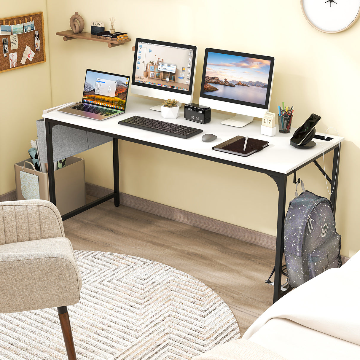 60 Inch Computer Desk with Charging Station Storage Bag