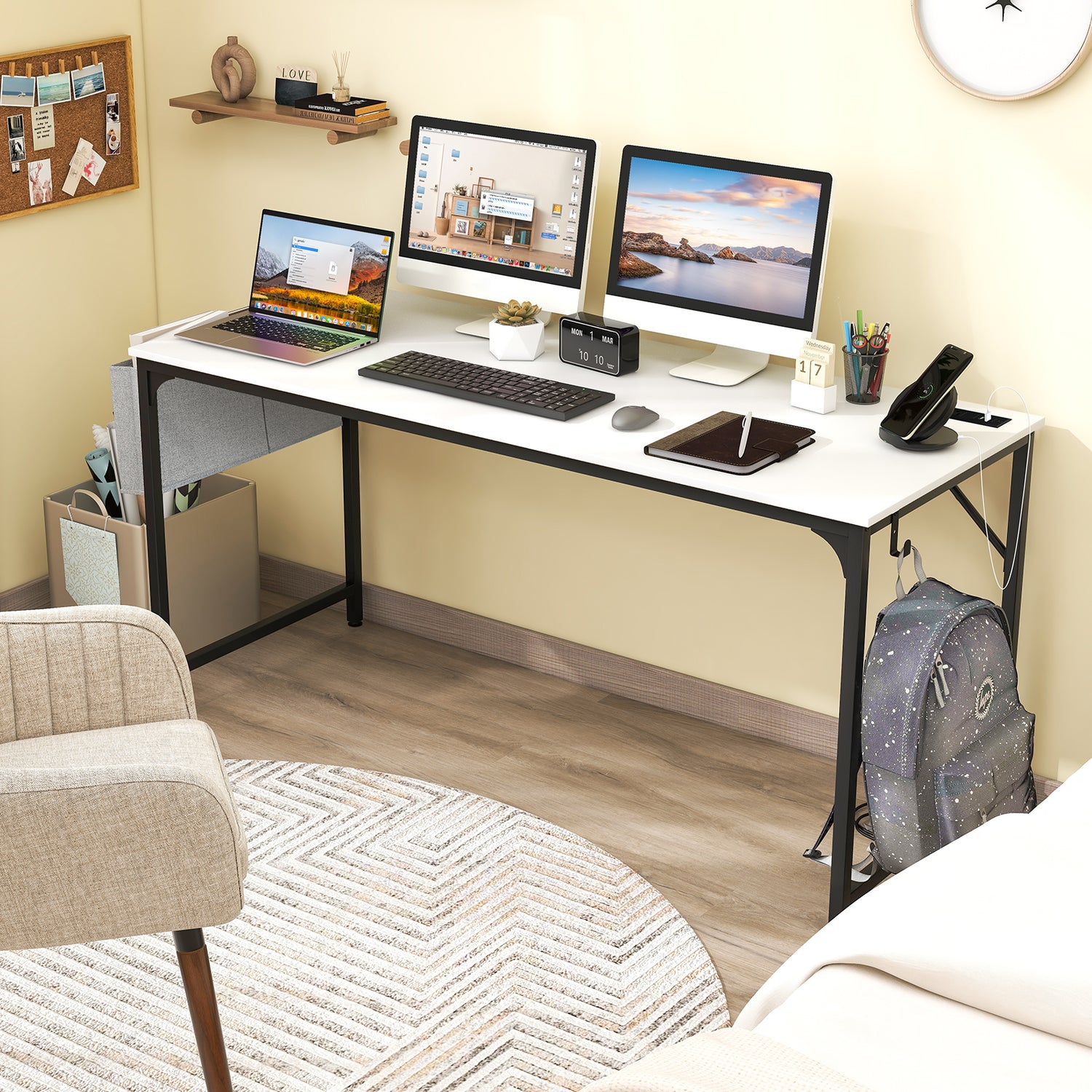 60 Inch Computer Desk with Charging Station Storage Bag