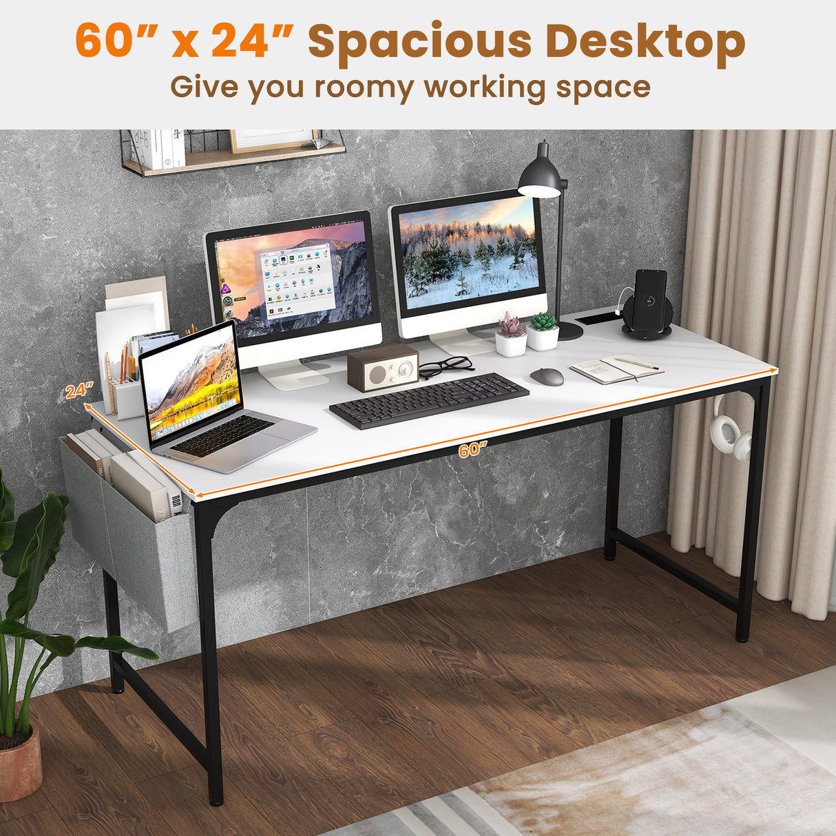 60 Inch Computer Desk with Charging Station Storage Bag