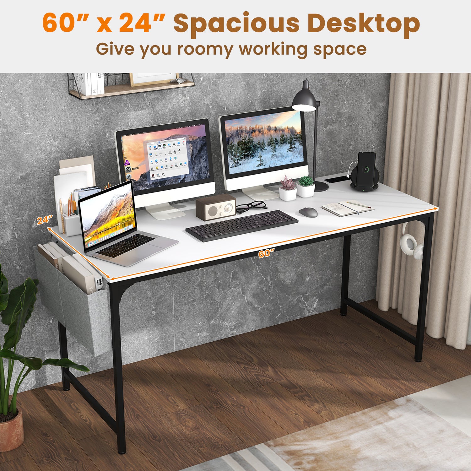60 Inch Computer Desk with Charging Station Storage Bag