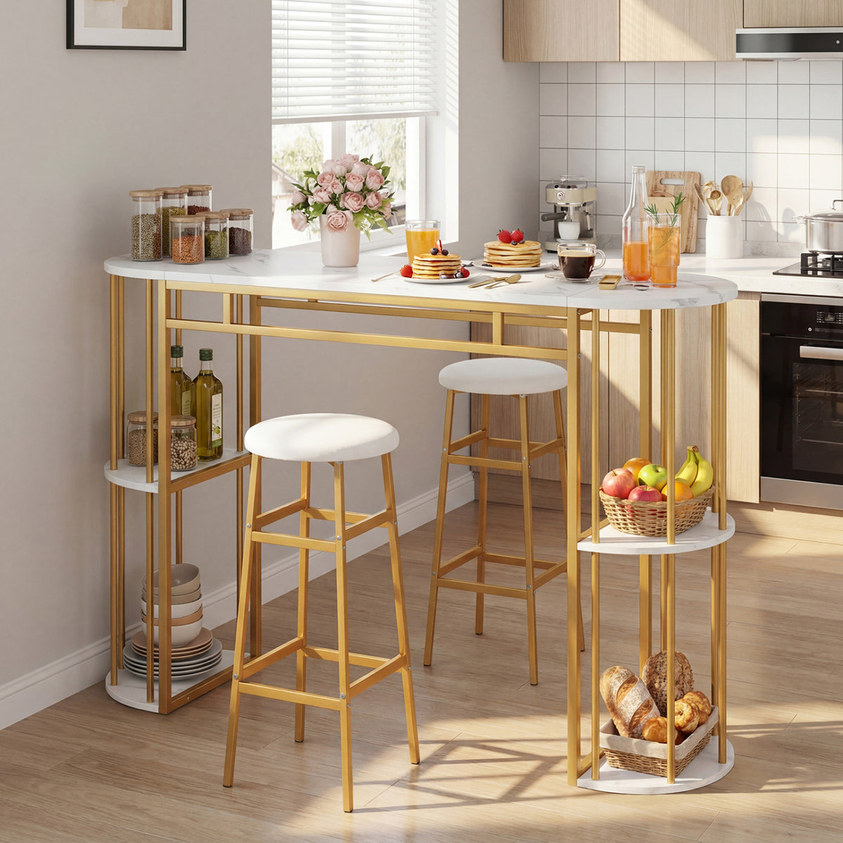 Dining Table and 2 Upholstered Barstools with Faux Marble Tabletop