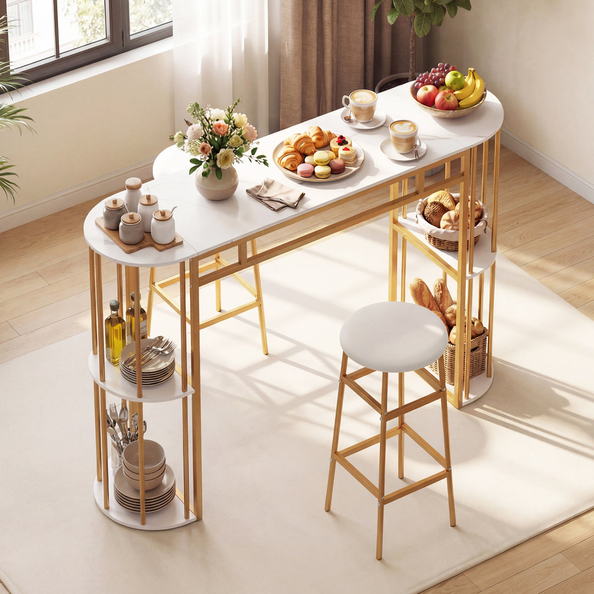 Dining Table and 2 Upholstered Barstools with Faux Marble Tabletop