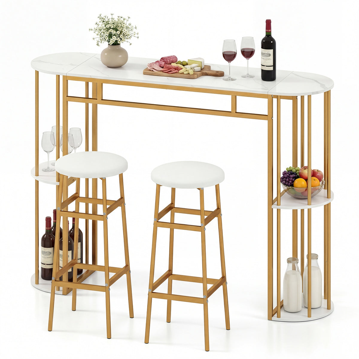 Dining Table and 2 Upholstered Barstools with Faux Marble Tabletop