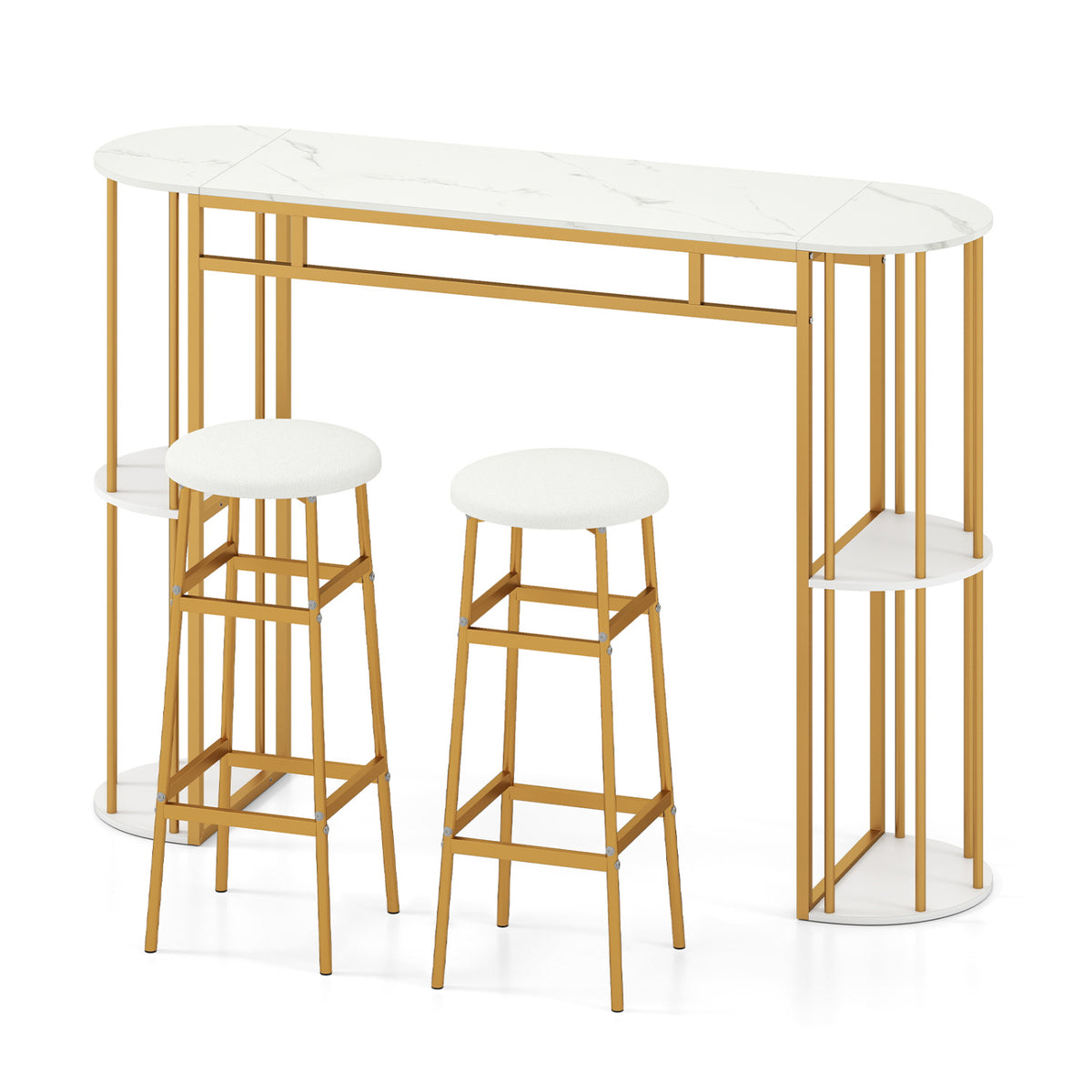 Dining Table and 2 Upholstered Barstools with Faux Marble Tabletop