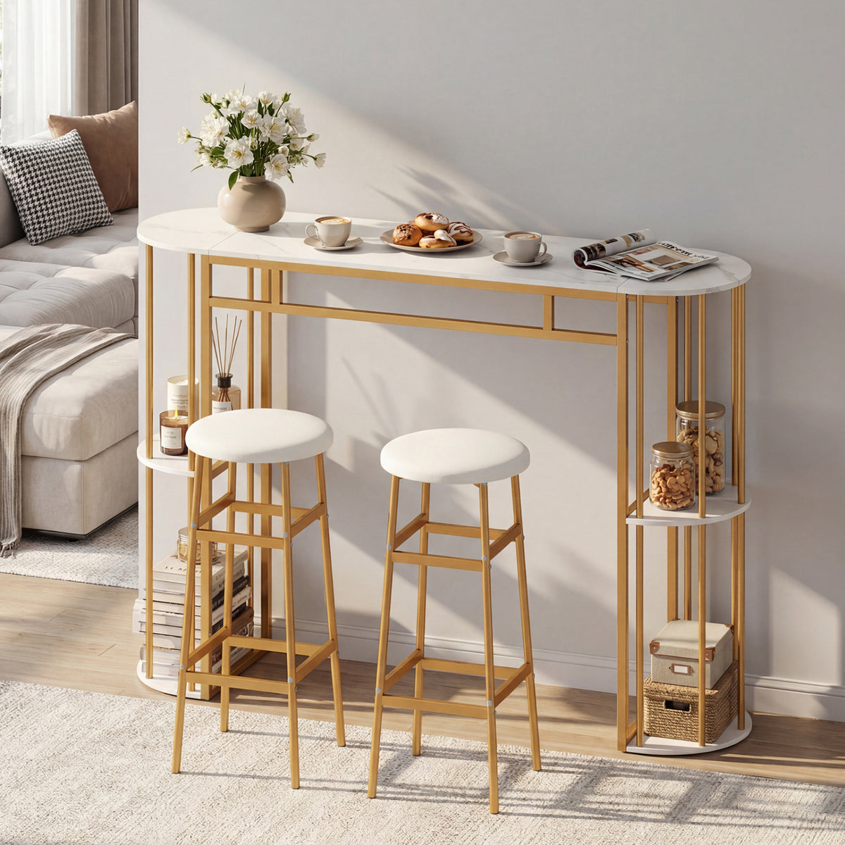 Dining Table and 2 Upholstered Barstools with Faux Marble Tabletop