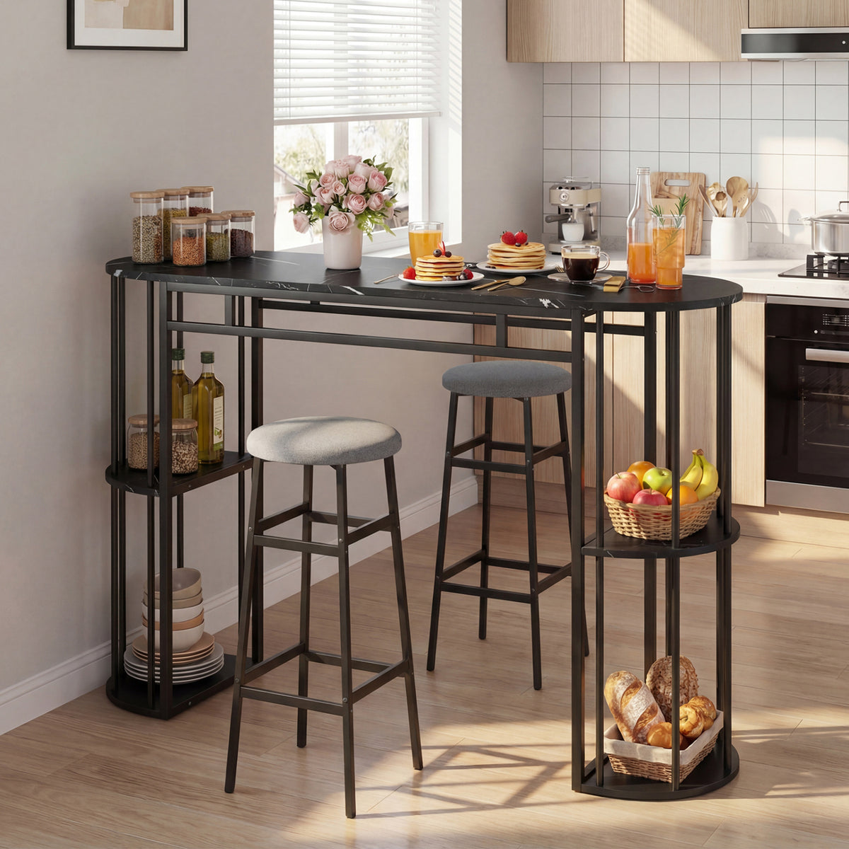 Dining Table and 2 Upholstered Barstools with Faux Marble Tabletop