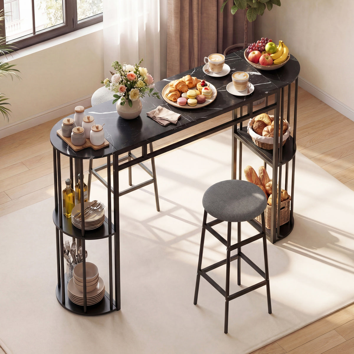 Dining Table and 2 Upholstered Barstools with Faux Marble Tabletop