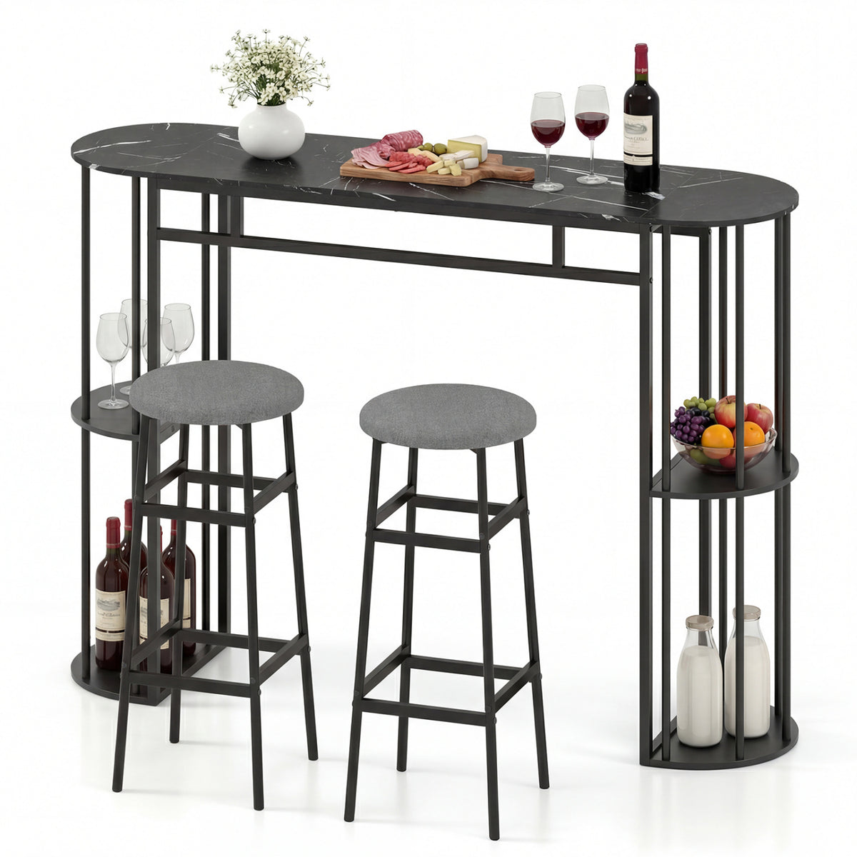 Dining Table and 2 Upholstered Barstools with Faux Marble Tabletop