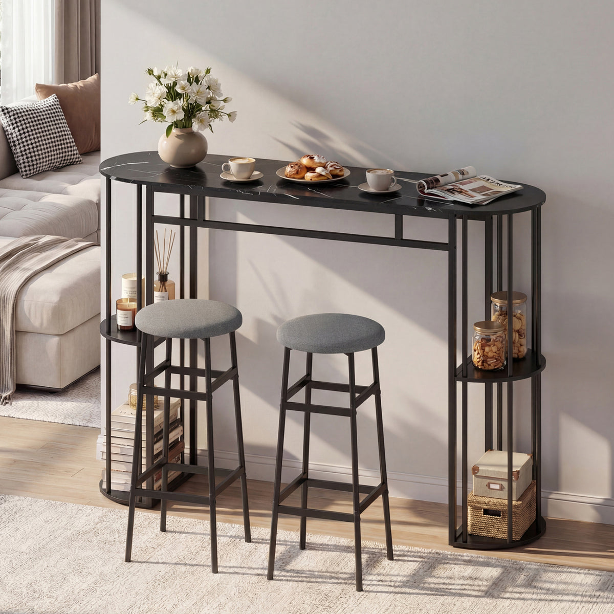 Dining Table and 2 Upholstered Barstools with Faux Marble Tabletop