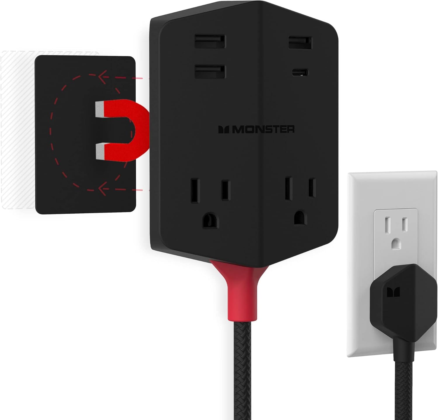 Monster Power Shield: Magnetic Wall Extender with 2 AC, 3 USB-A, 1 USB-C