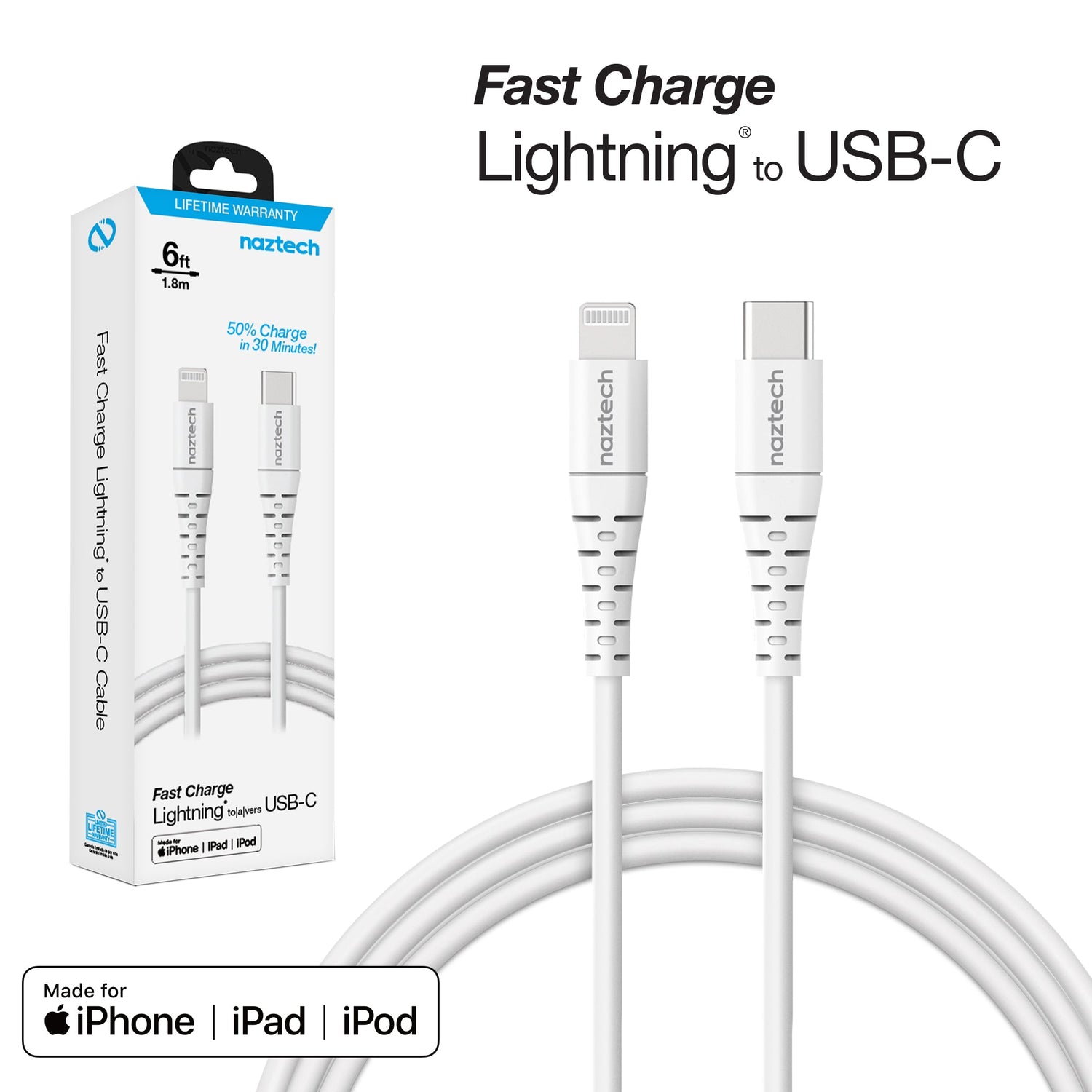 Naztech PD MFI Lightning to USB-C Cable 6ft White