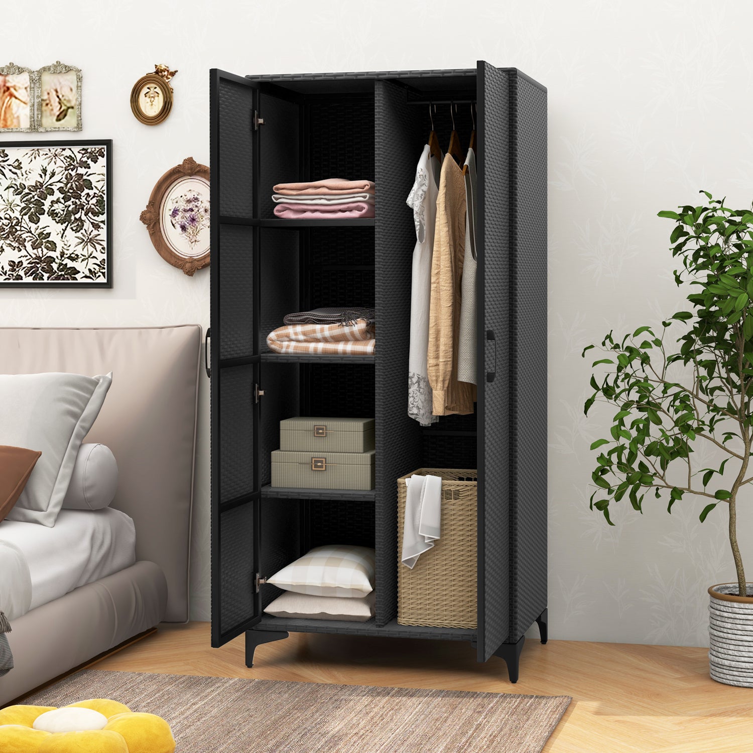 62 Inch Wicker Wardrobe with 2 Doors PE Rattan Closet with Hanging Rod