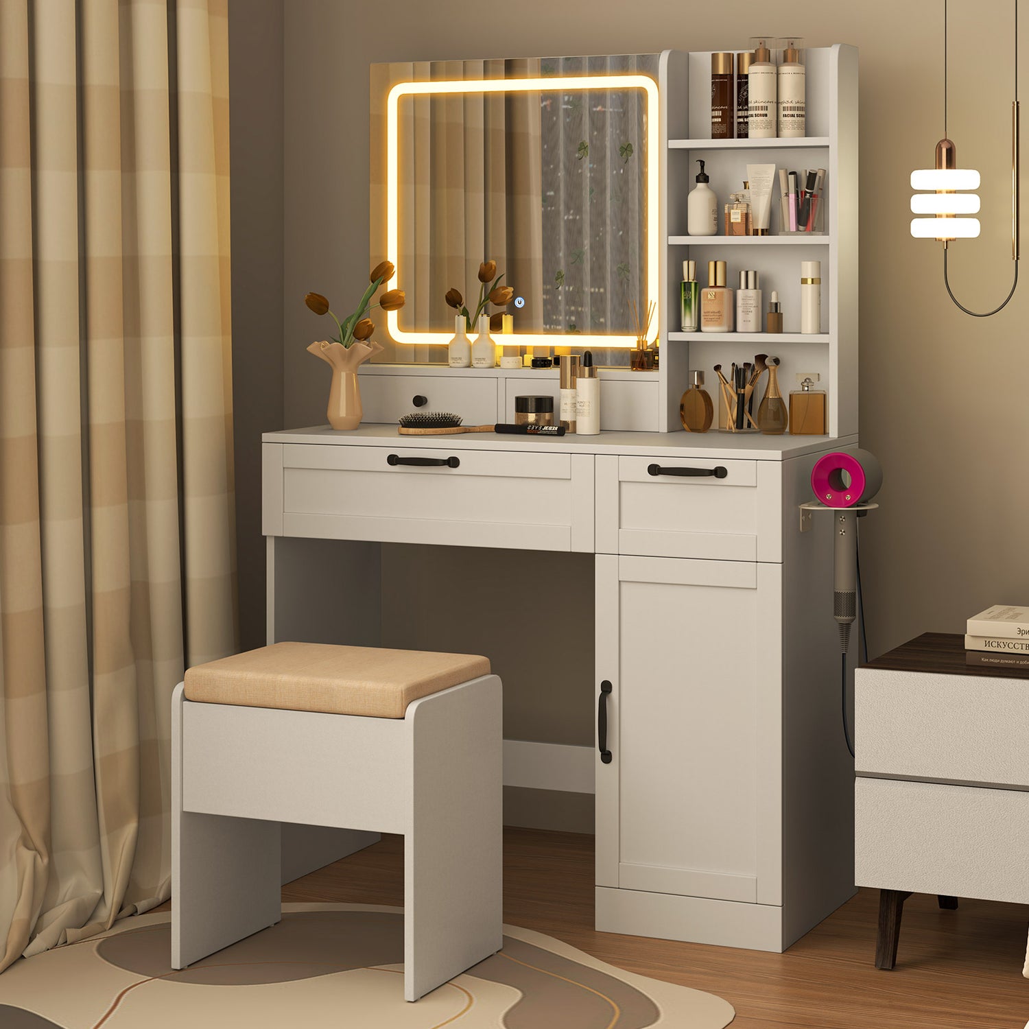 Vanity Set with Mirror and 3 Lighting Modes and Adjustable Brightness-White