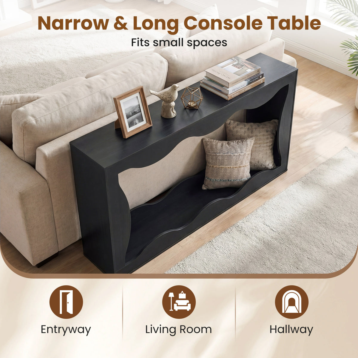 Console Table 2-Tier Narrow Entryway Table with Wavy Edge Storage Shelf