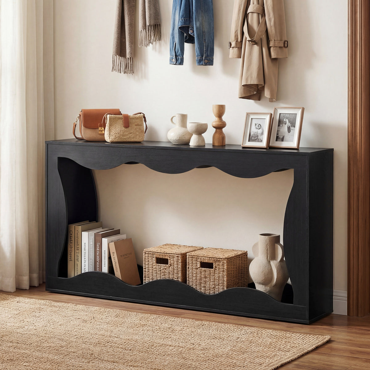 Console Table 2-Tier Narrow Entryway Table with Wavy Edge Storage Shelf
