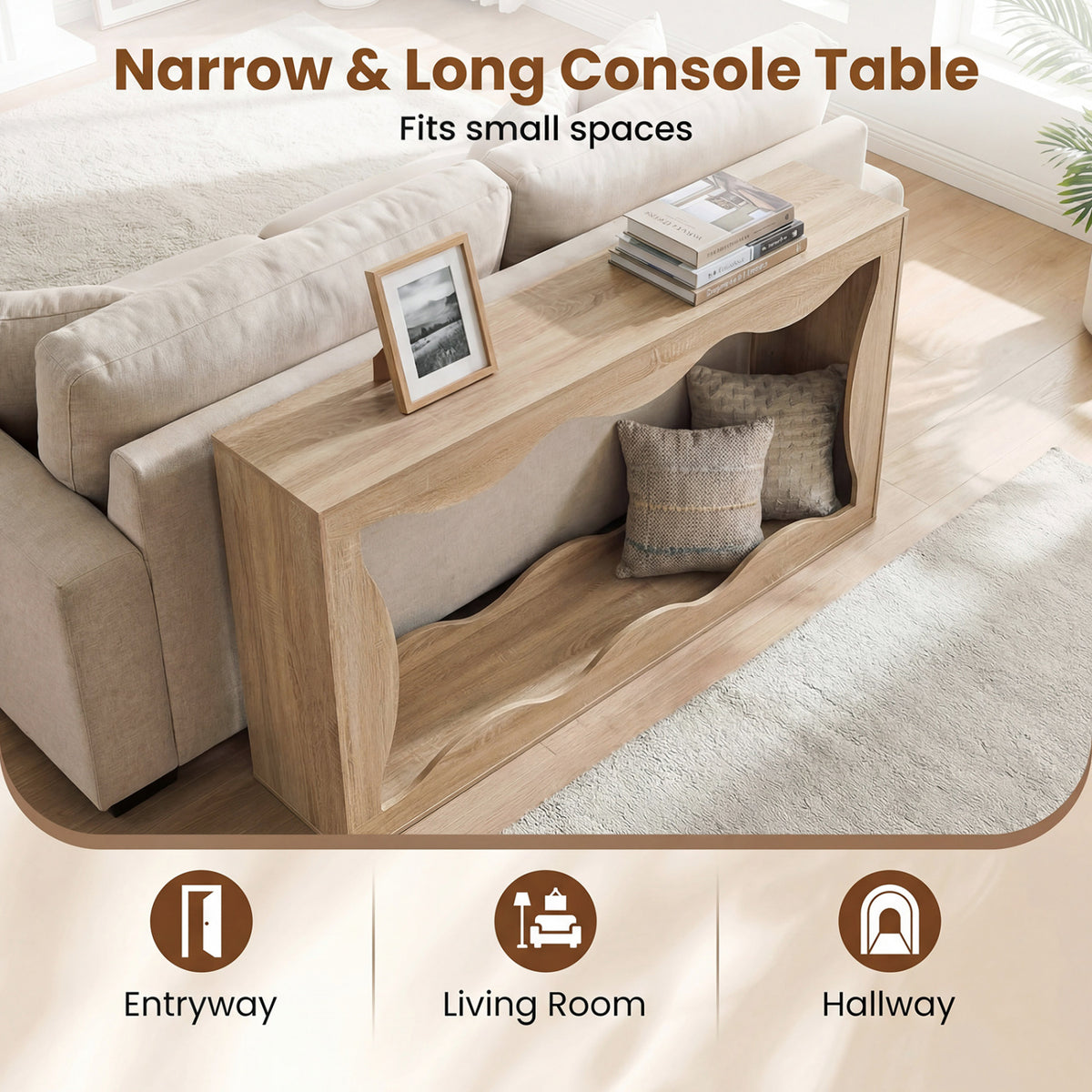 Console Table 2-Tier Narrow Entryway Table with Wavy Edge Storage Shelf