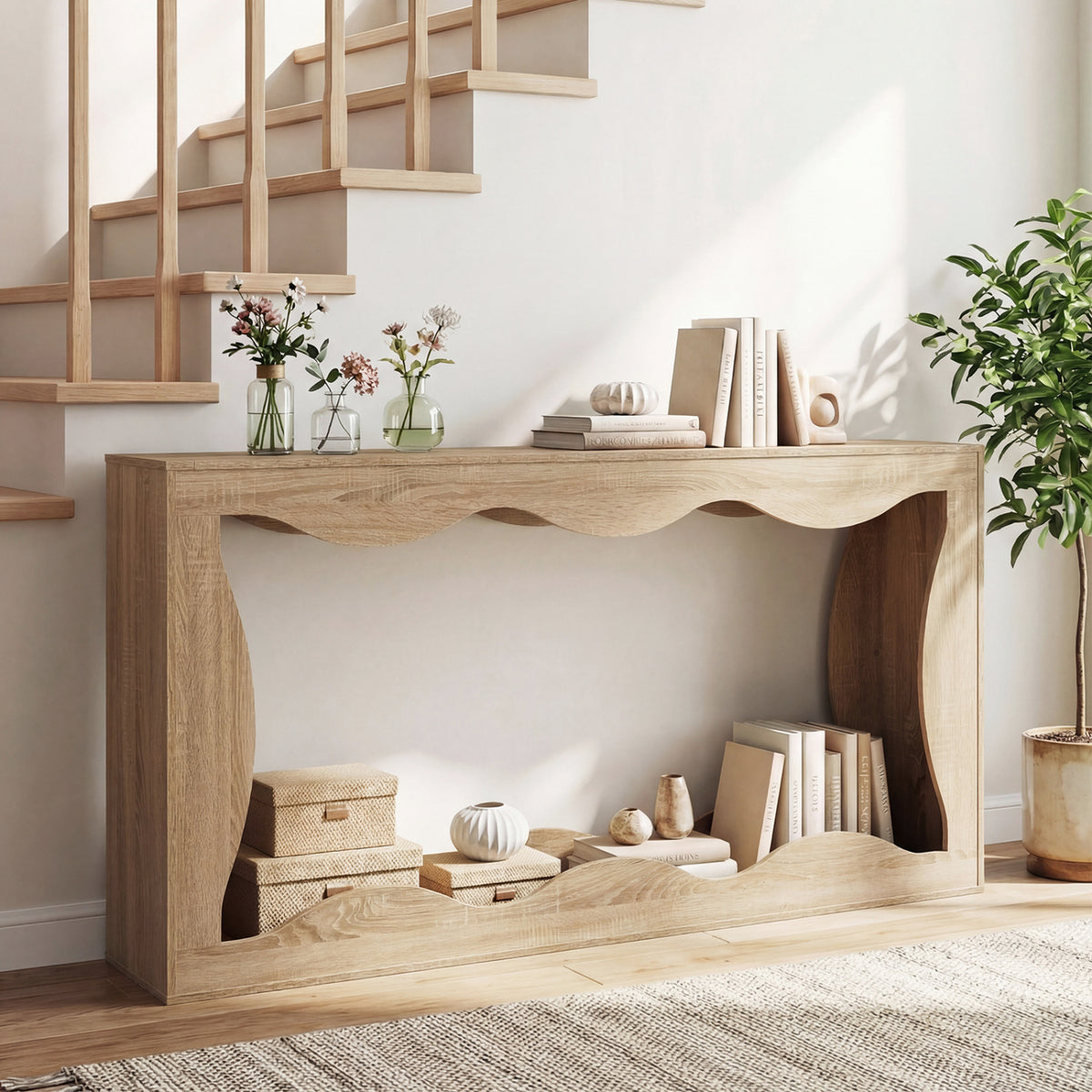 Console Table 2-Tier Narrow Entryway Table with Wavy Edge Storage Shelf