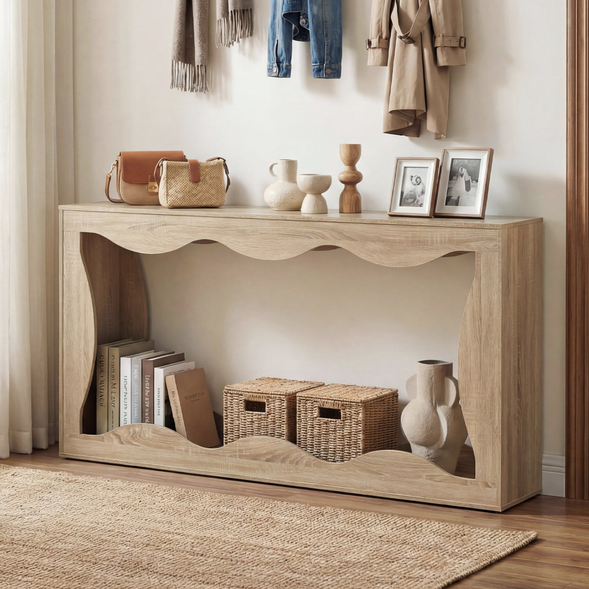 Console Table 2-Tier Narrow Entryway Table with Wavy Edge Storage Shelf