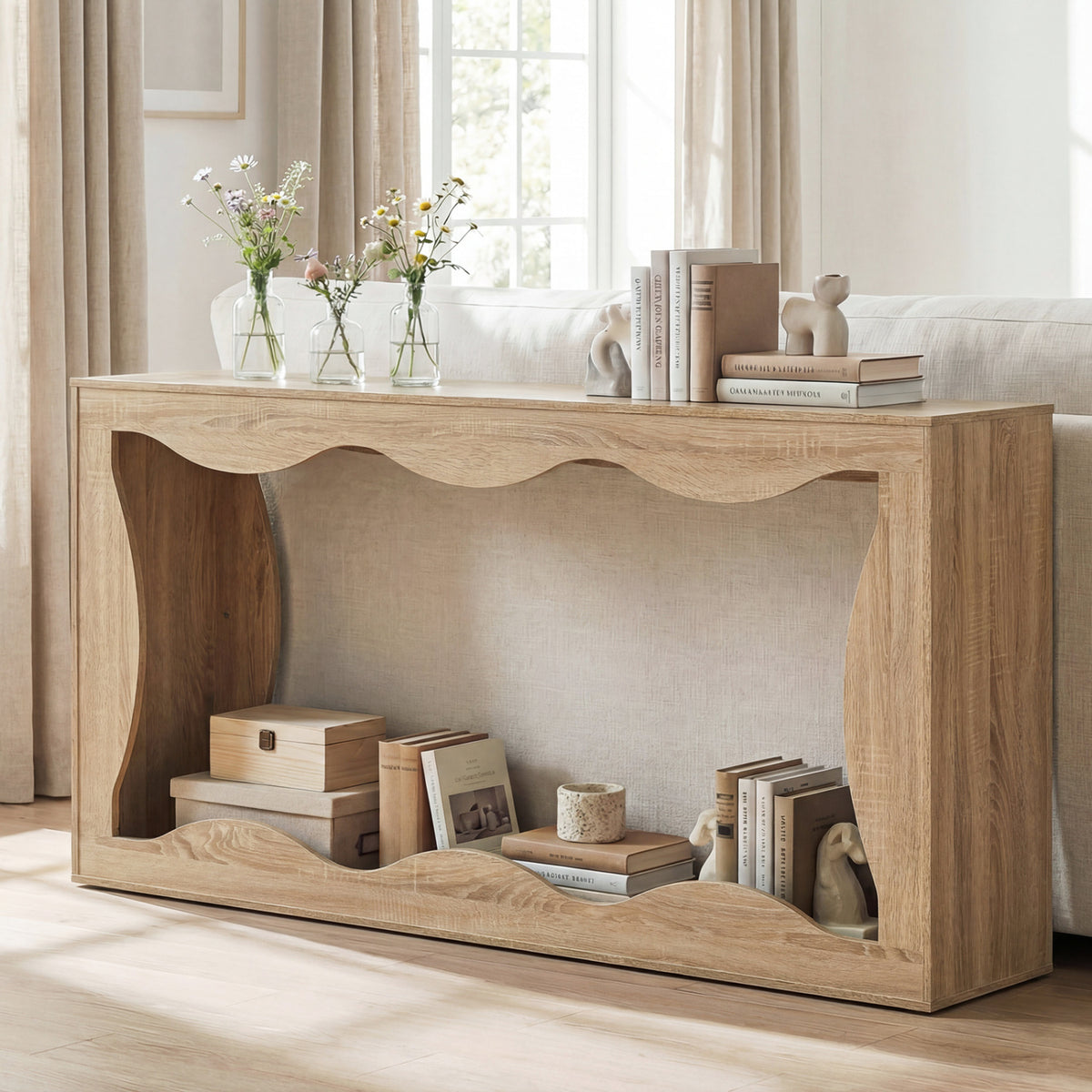 Console Table 2-Tier Narrow Entryway Table with Wavy Edge Storage Shelf