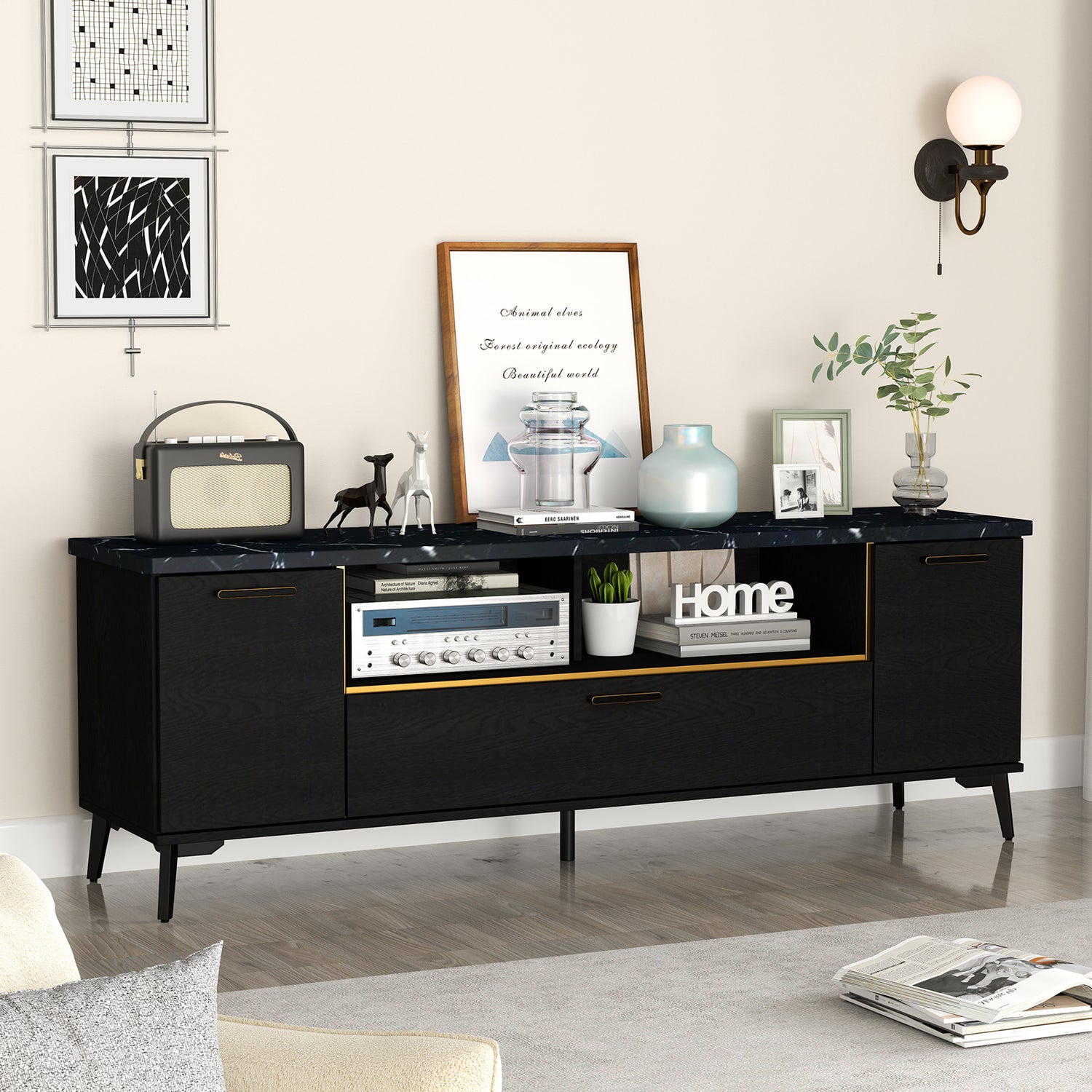 63 Inch TV Stand with Flip Door Cabinet for TVs up to 75 Inch-Black
