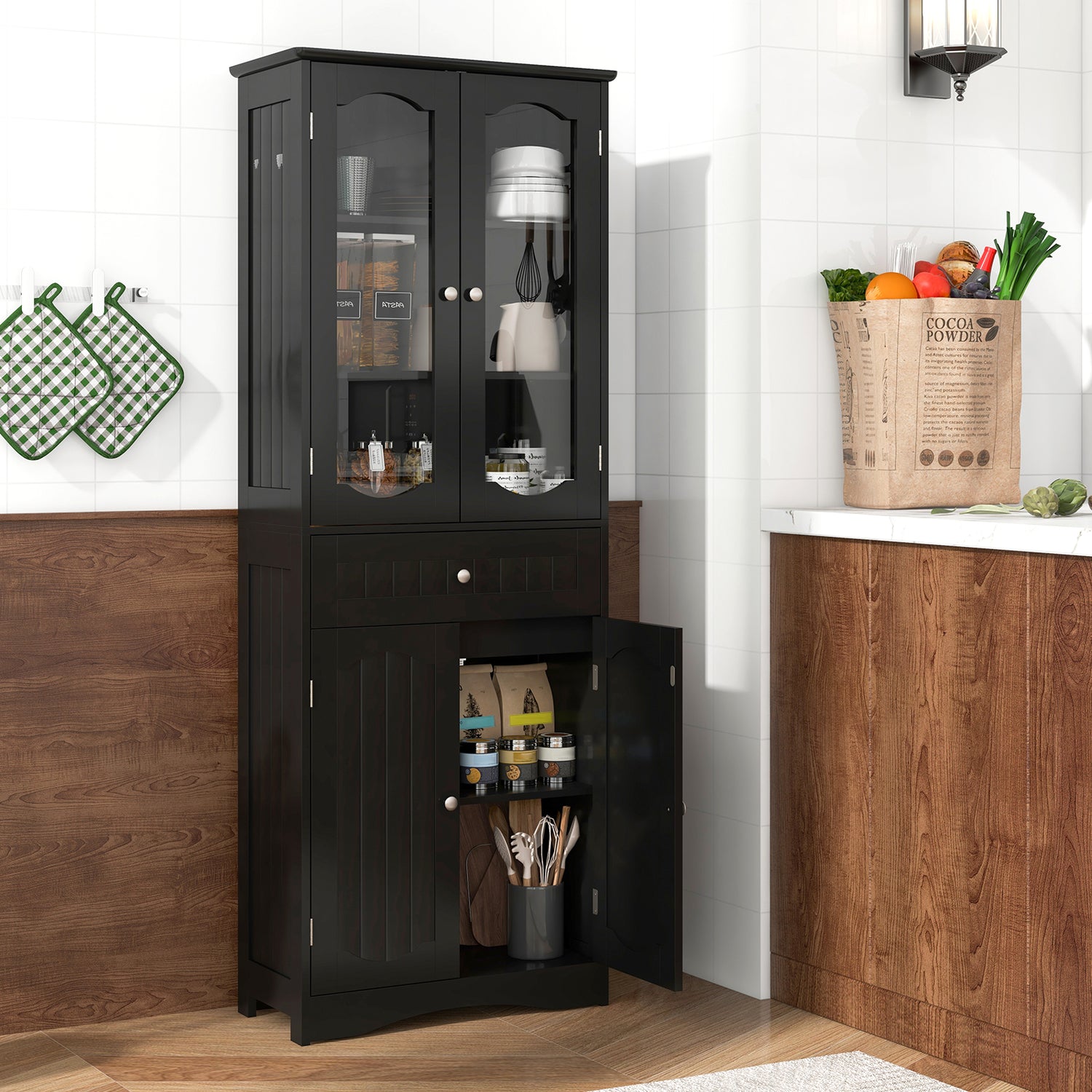 63 Inch Tall Bathroom Storage Cabinet with 2 Glass Doors and Adjustable Shelves