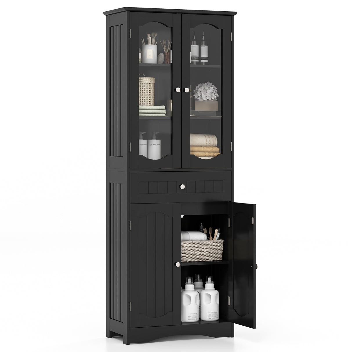 63 Inch Tall Bathroom Storage Cabinet with 2 Glass Doors and Adjustable Shelves