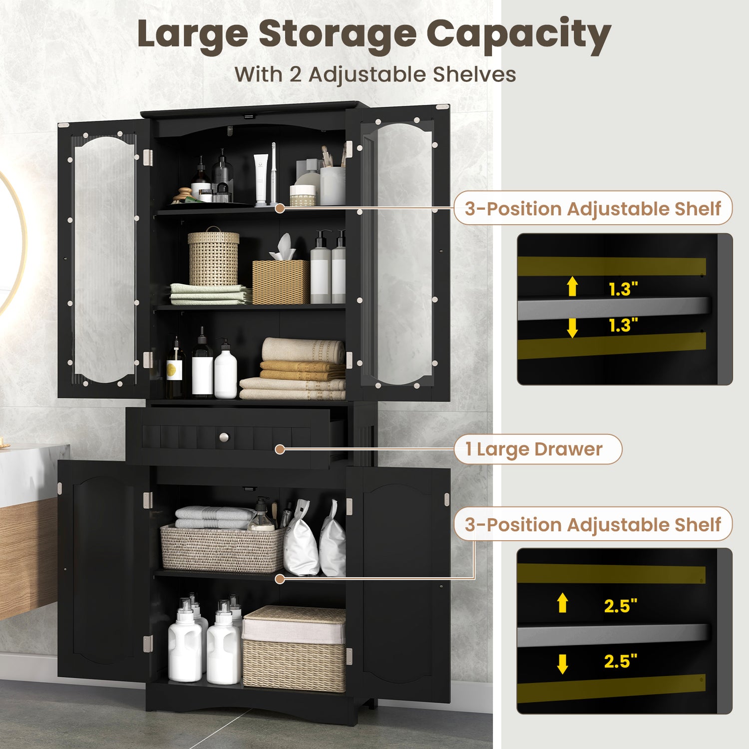 63 Inch Tall Bathroom Storage Cabinet with 2 Glass Doors and Adjustable Shelves
