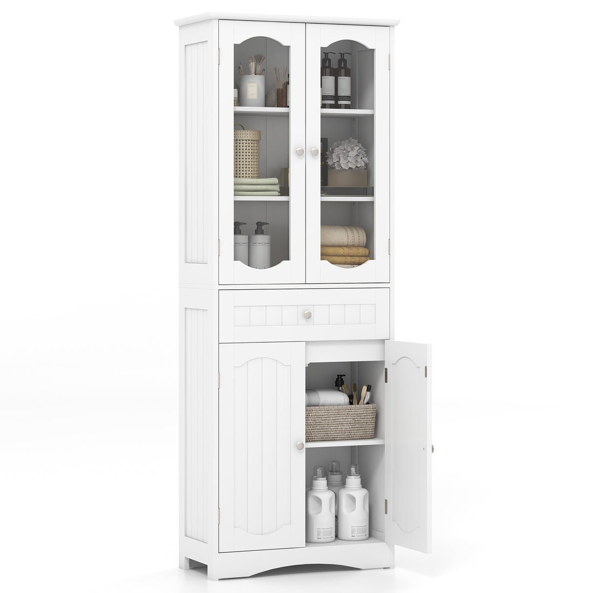 63 Inch Tall Bathroom Storage Cabinet with 2 Glass Doors and Adjustable Shelves