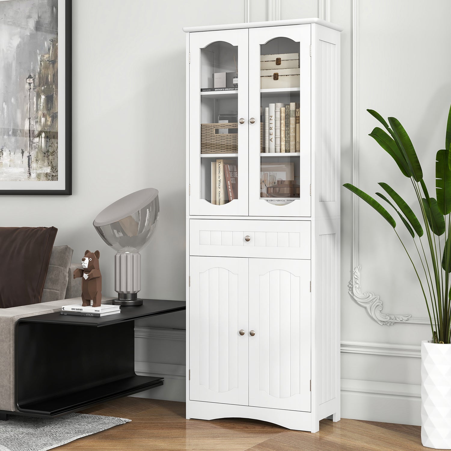 63 Inch Tall Bathroom Storage Cabinet with 2 Glass Doors and Adjustable Shelves