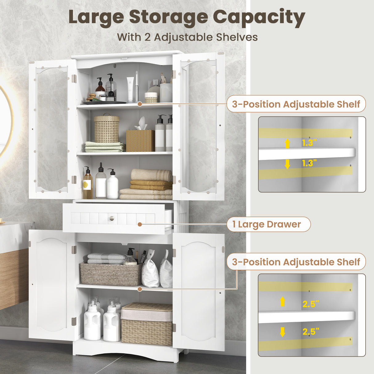 63 Inch Tall Bathroom Storage Cabinet with 2 Glass Doors and Adjustable Shelves