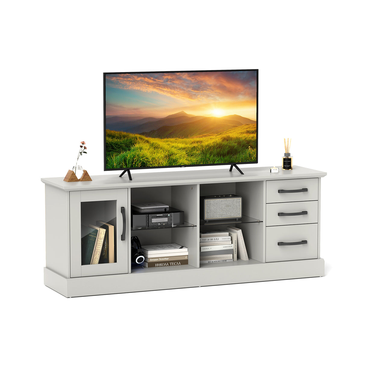 63 Inches Media Console Table with 3 Drawers and 2 Glass Shelves