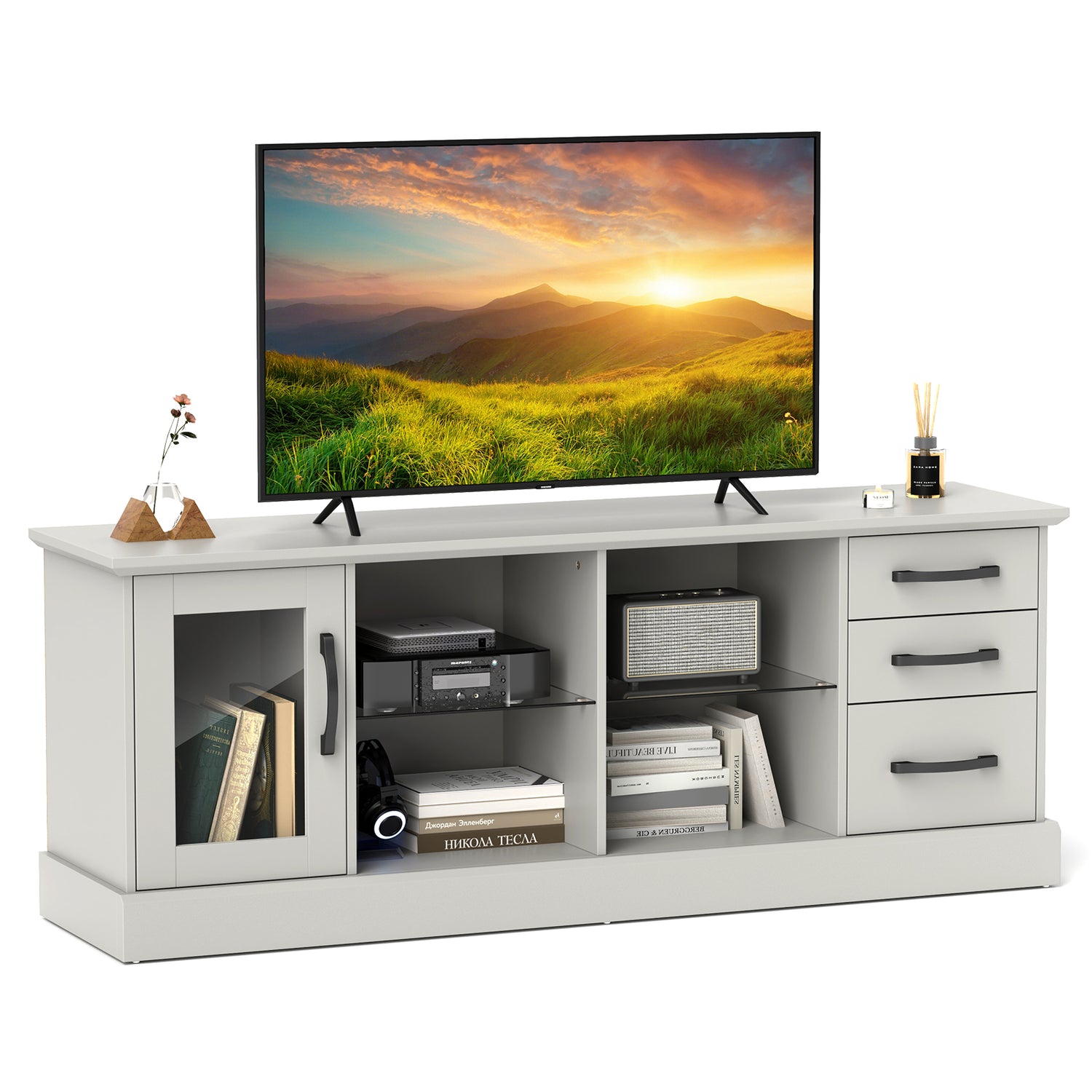 63 Inches Media Console Table with 3 Drawers and 2 Glass Shelves