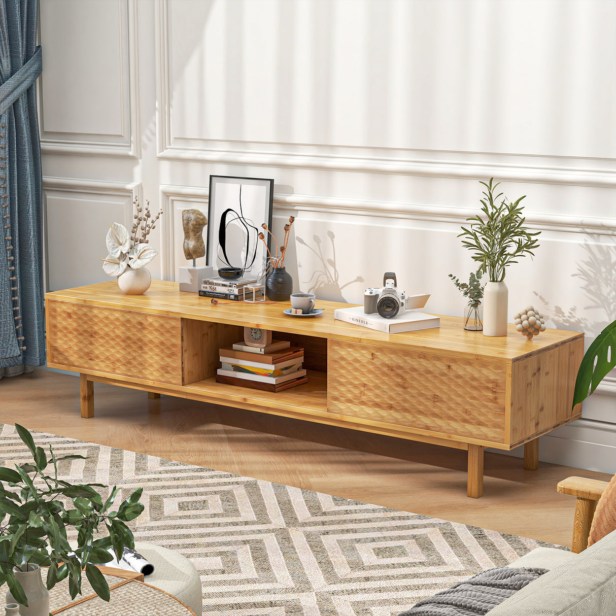 63 Inches Mid Century Modern Bamboo TV Stand with Sliding Doors-Natural