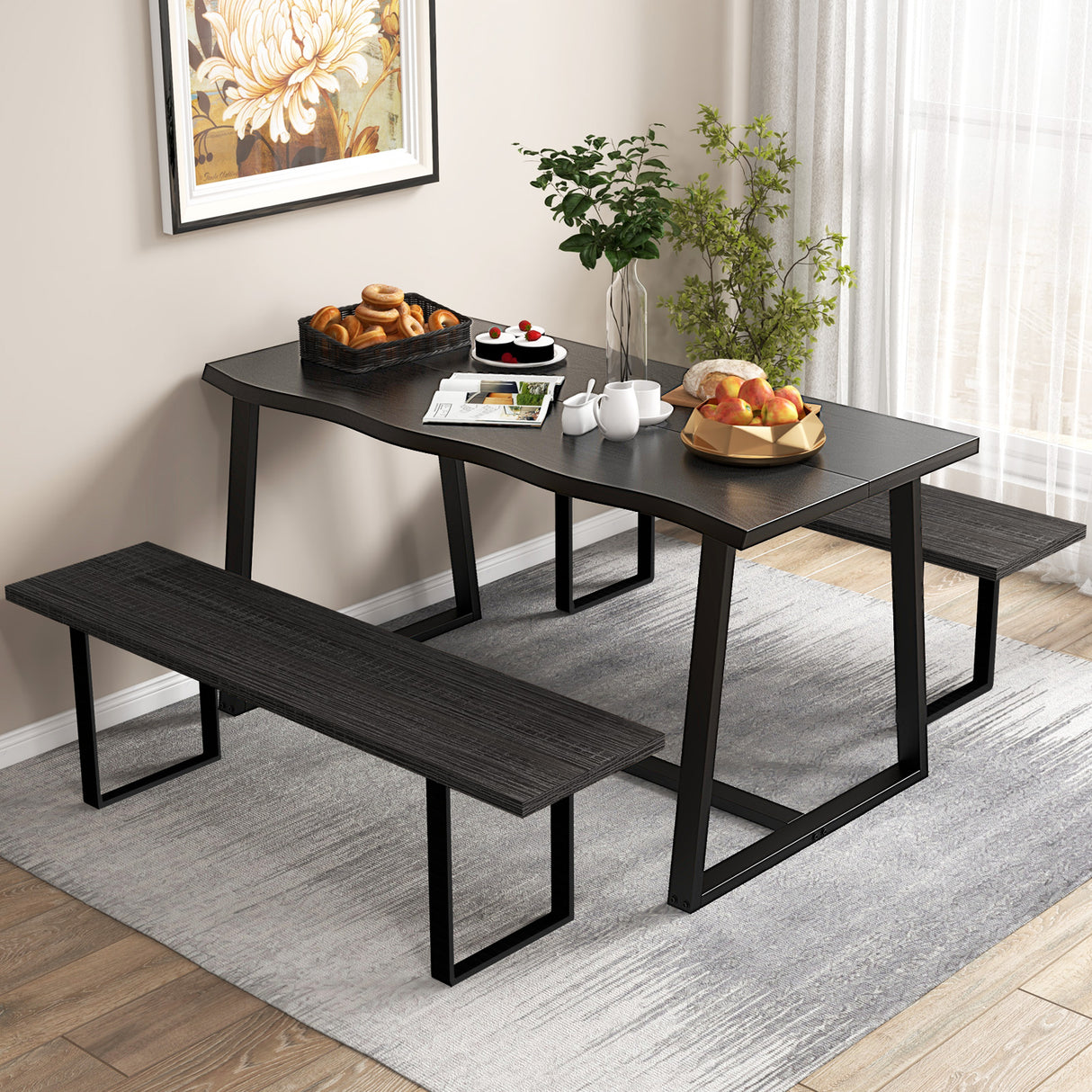 63" Large Dining Table with Wavy Edge and Heavy-duty Metal Frame