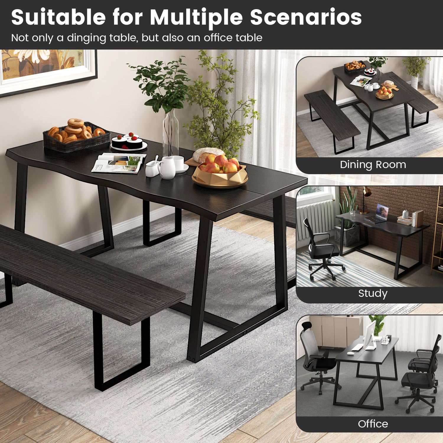 63" Large Dining Table with Wavy Edge and Heavy-duty Metal Frame