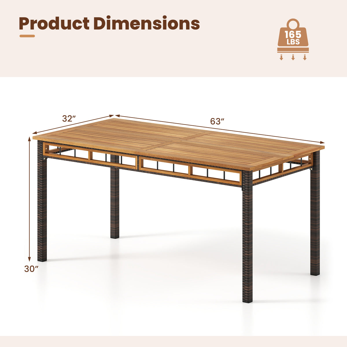 63" Outdoor Dining Table with Acacia Wood Slatted Tabletop