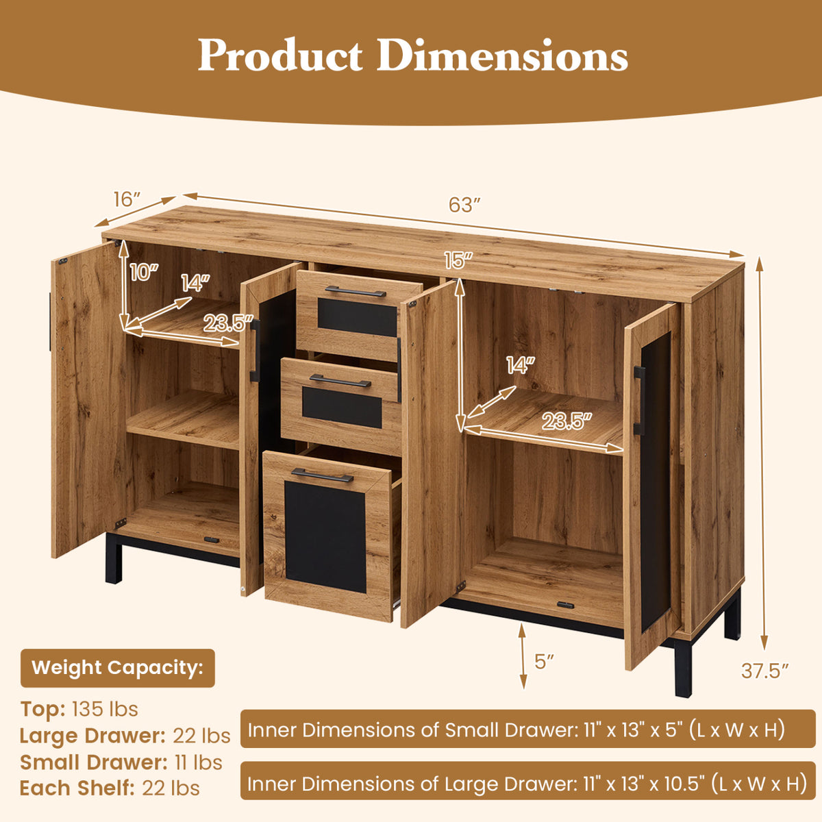 63" Sideboard Buffet Cabinet with 3 Drawers and Storage Shelves-Natural
