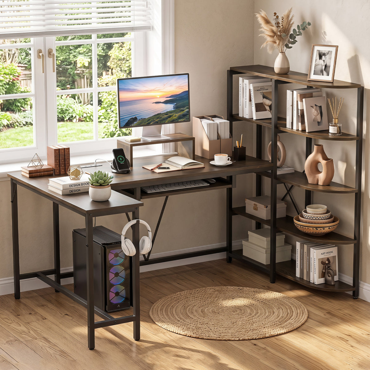 63" U-shaped Computer Desk with Power Outlets 5-Tier Bookshelf and Keyboard Tray