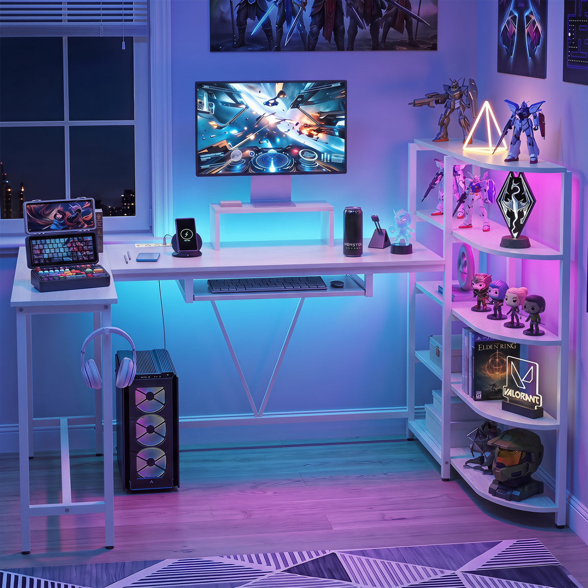 63" U-shaped Computer Desk with Power Outlets 5-Tier Bookshelf and Keyboard Tray